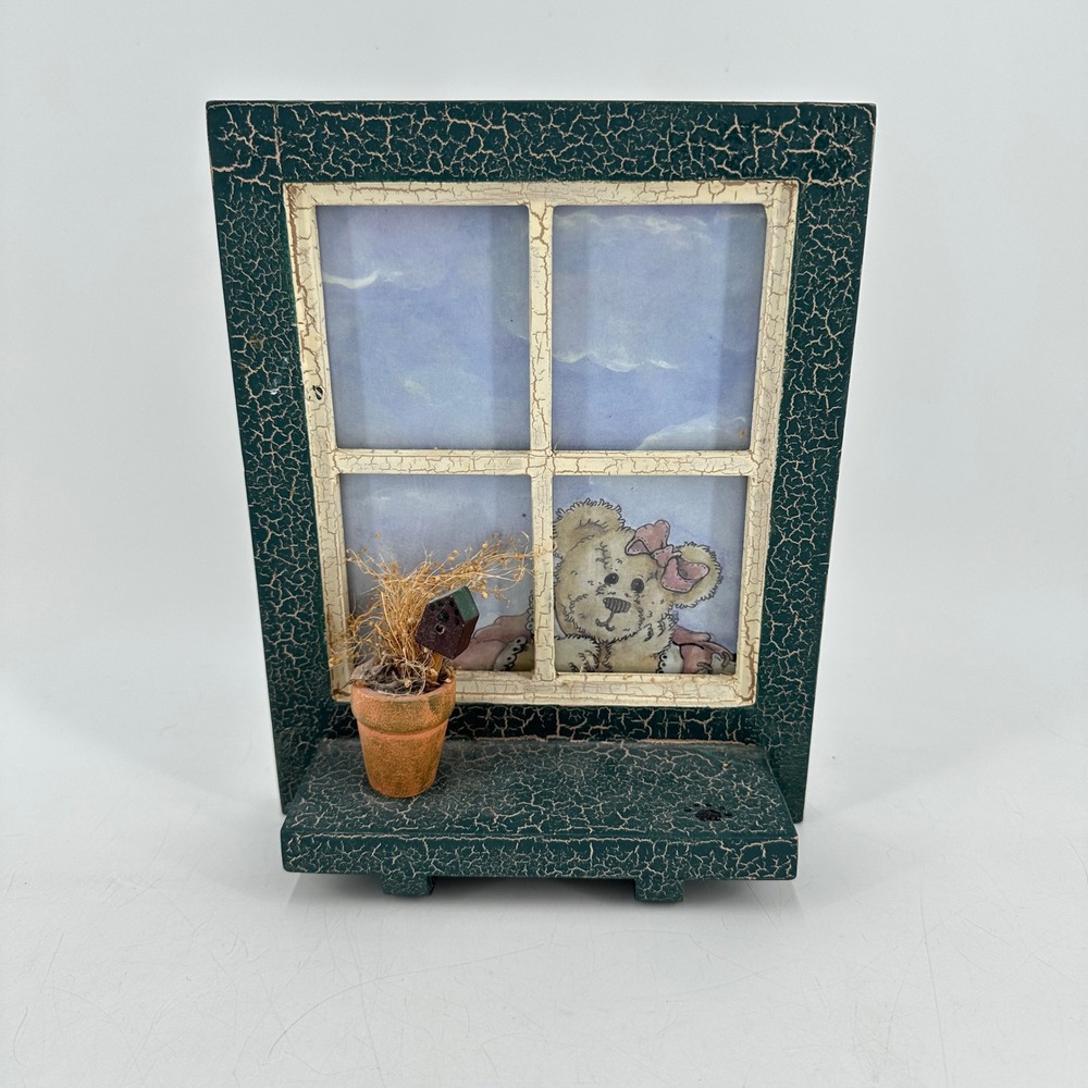 Boyds Bears Window Frame Shelf Picture Frame Green Crackle Folk Art Wall Decor